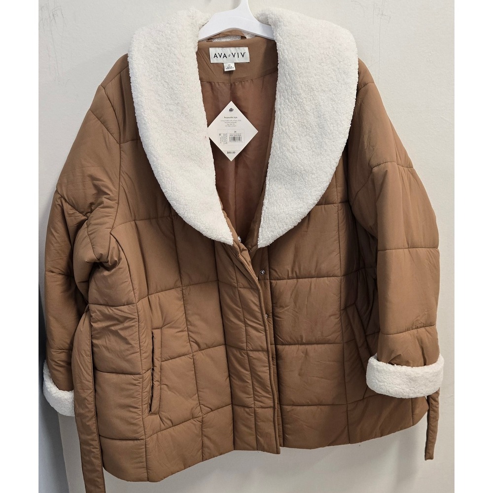 Ava & Viv Womens 2X Tan Brown Quilted Puffer Jacket Faux Shearling Collar NWT